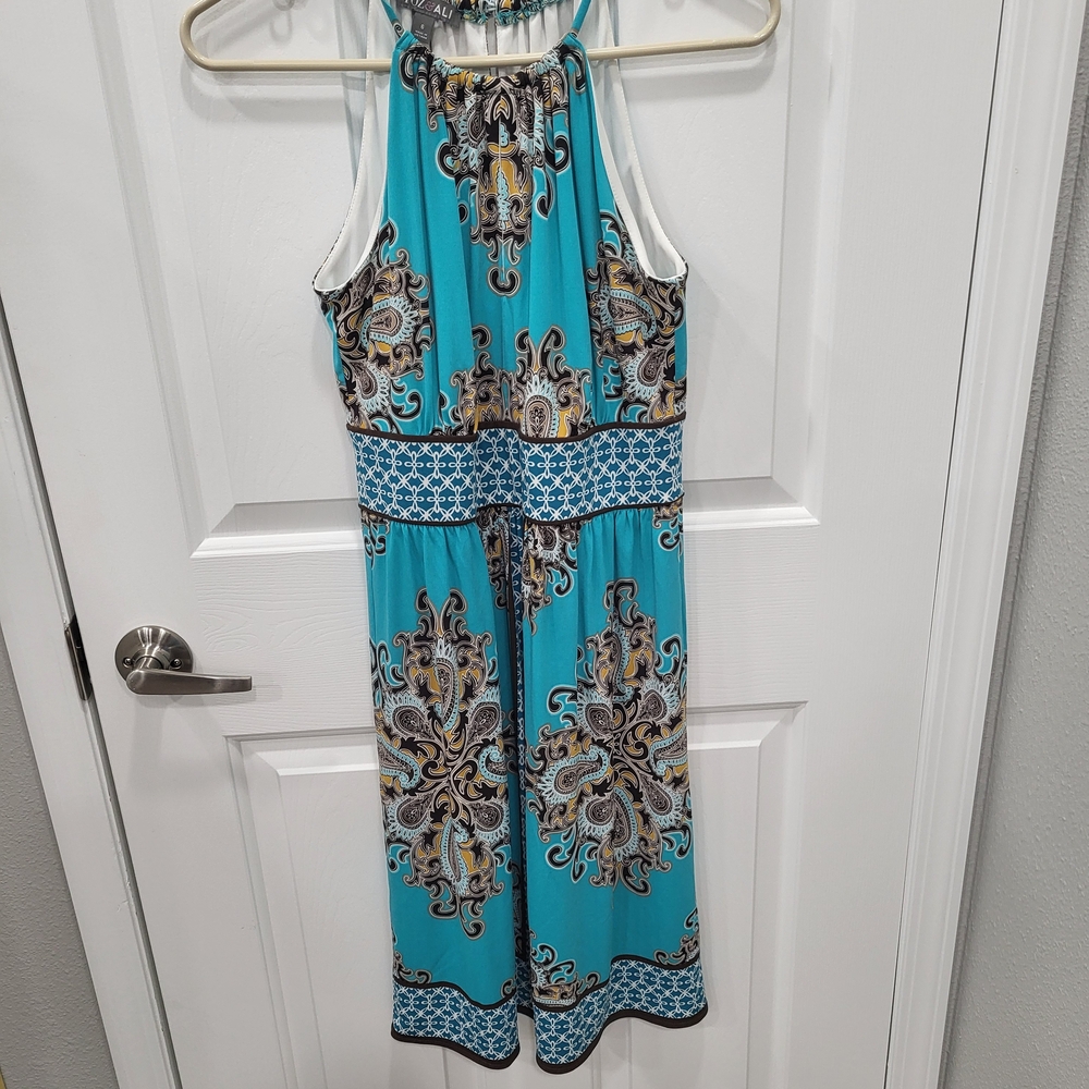 Roz & Ali  dress size 6  Teal, white and brown patterned dress.  EUC